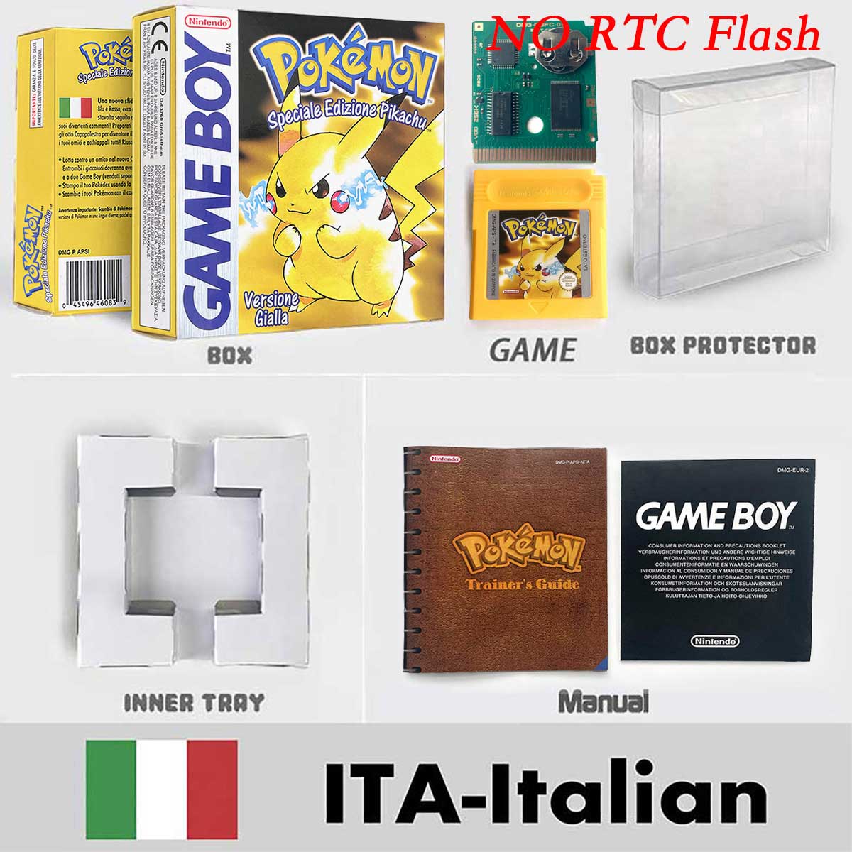 USA ITA NOE FRA ESP pokemon RTC Gold silver crystal NO RTC yellow red blue sealed 16 bit box tray manual Game Cartridge for GBC