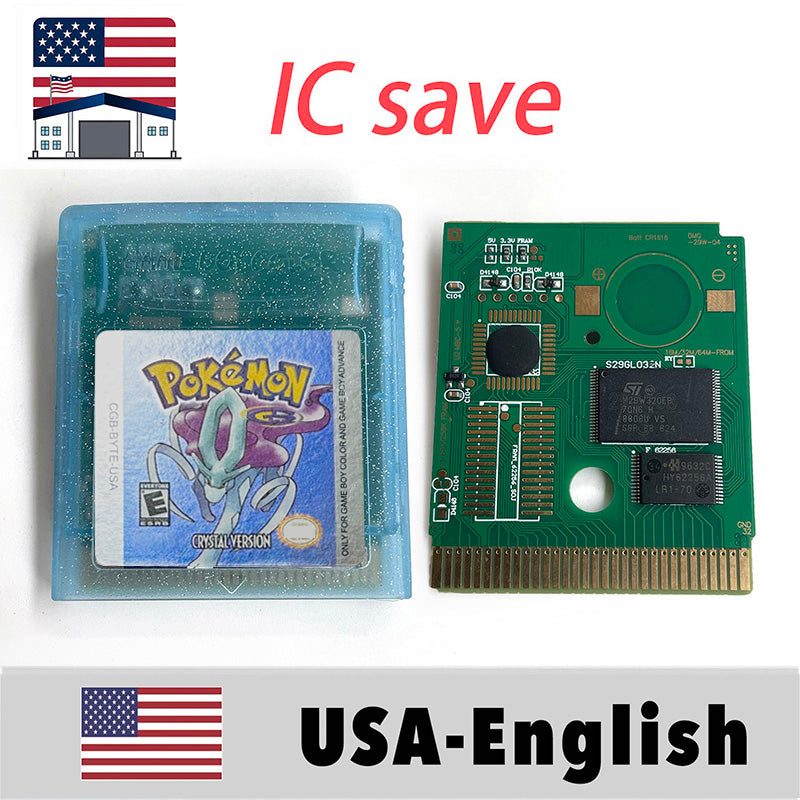 (Shipped from the United States) USA IC Save cart Pokemon Crtstal, Red, Blue green,Yellow, Gold, Silver, Game Cartridge for GBC