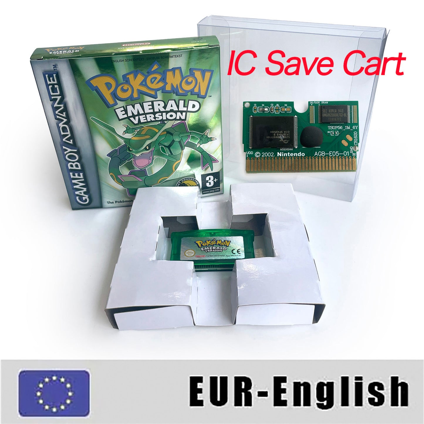 EUR English IC save rtc flash cart Real Time Clock pokemon emerald version box with tray Nintendo game cartridge for gba