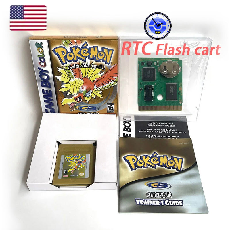 USA english IC save pokemon gold version RTC Flash cart Battery save gold Manual cartridge with tray box for gbc game boy color