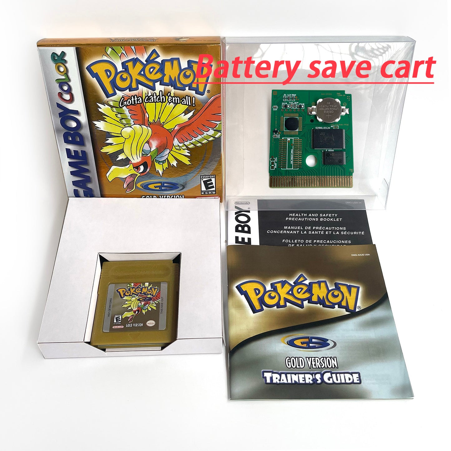 pokemon gold version RTC Flash cart Battery save IC save gold Manual cartridge with tray box for gbc game boy color