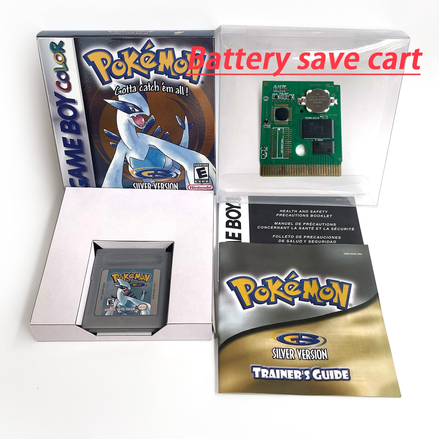 pokemon silver version RTC Flash cart Battery save IC save Manual cartridge with tray box for gbc game boy color