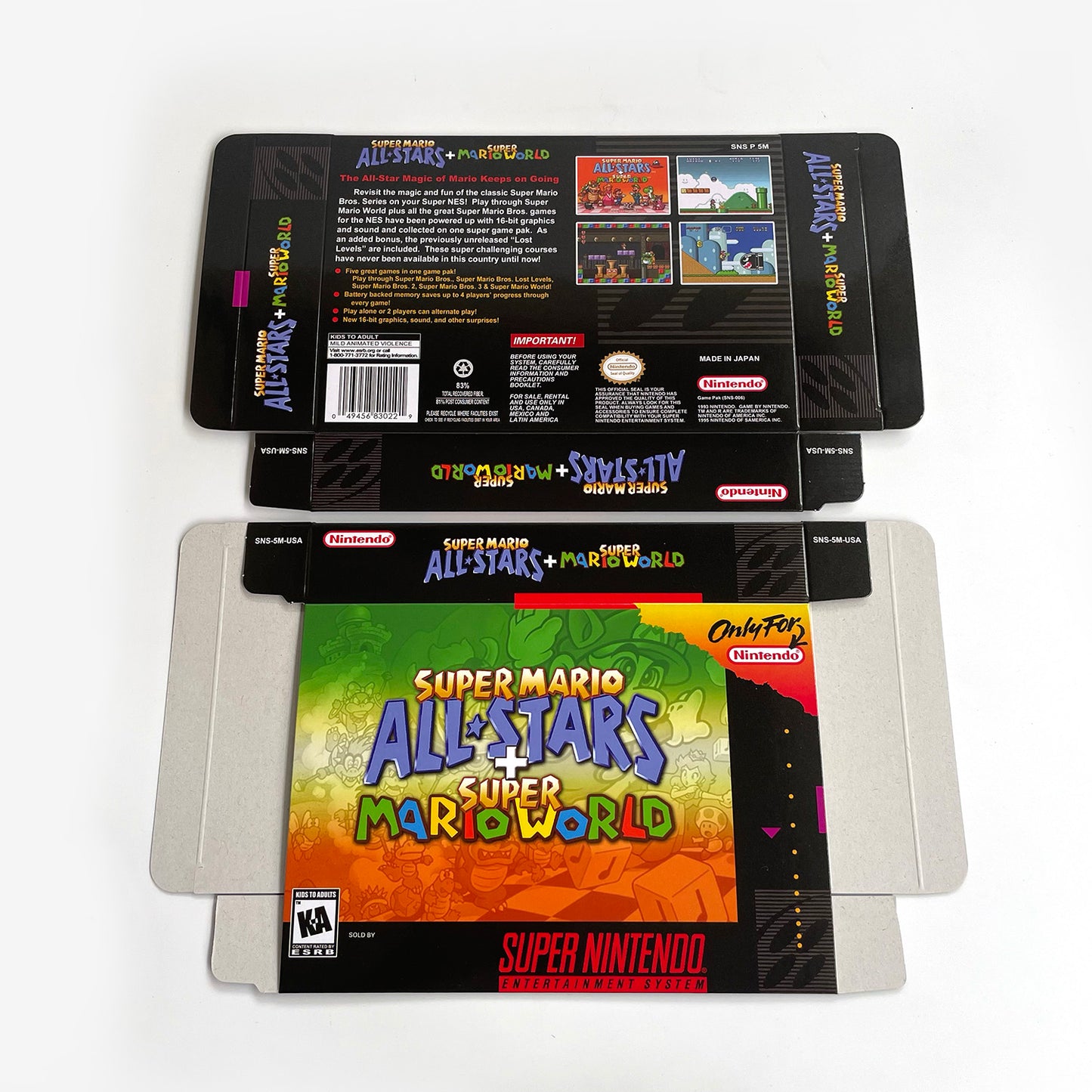 super mario all stars super Mario world cartridge with tray box manual for SNES super nintendo entertainment system