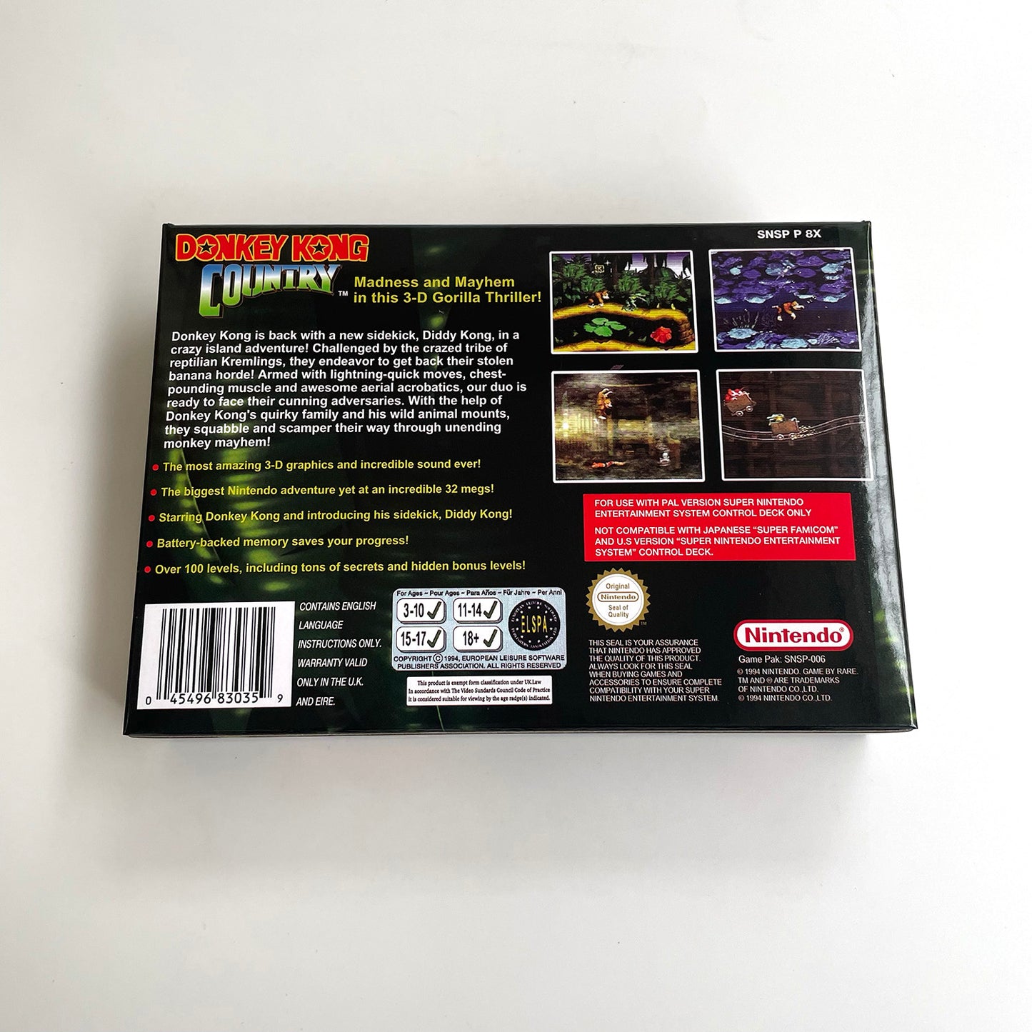 donkey kong country 1 EUR cartridge with tray box manual for SNES super nintendo entertainment system