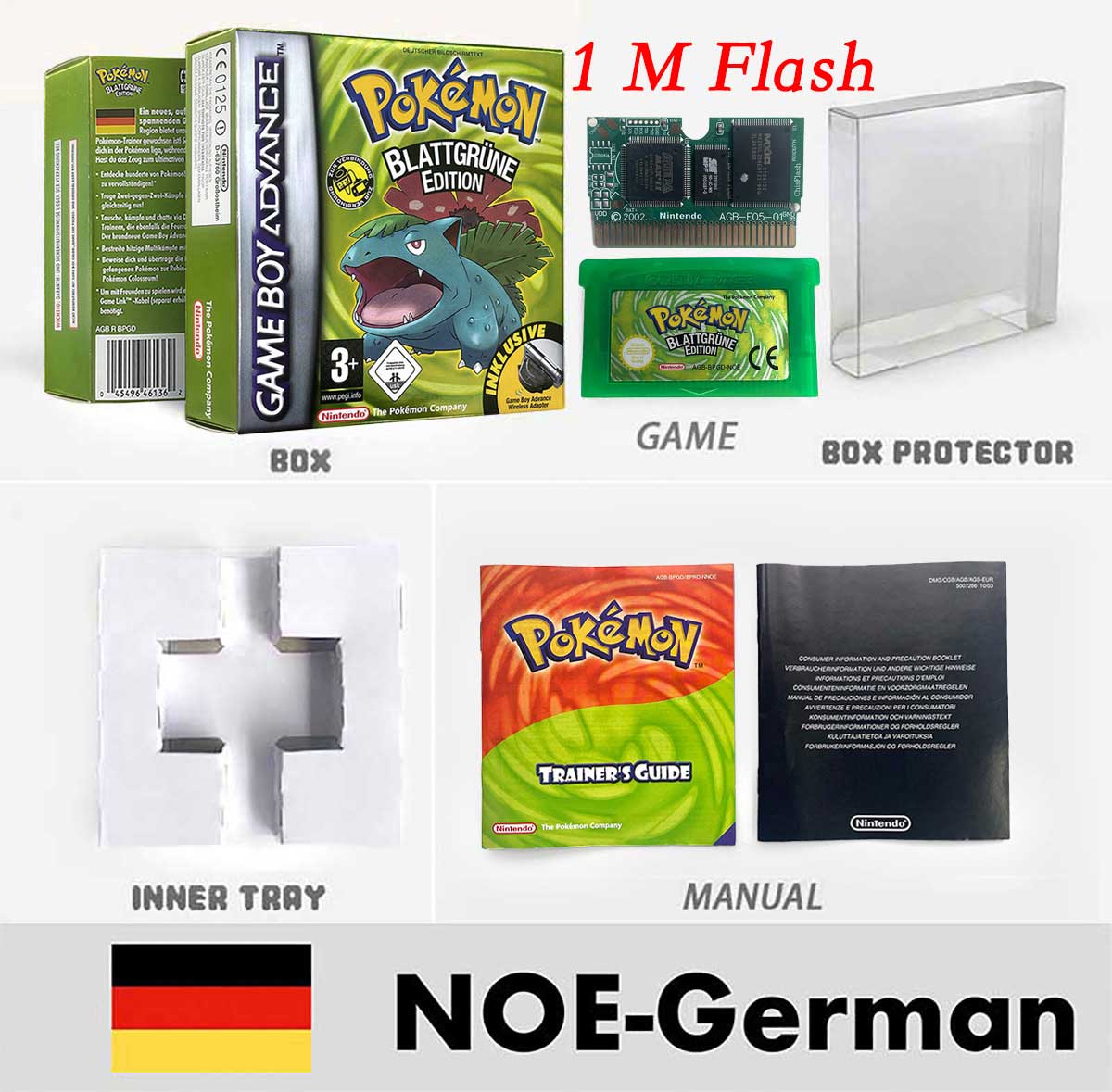 USA FRA NOE FRA RTC/1 M Flash CART pokemon sapphire ruby leafgreen emerald firered sealed box tray Game Cartridge manual for gba