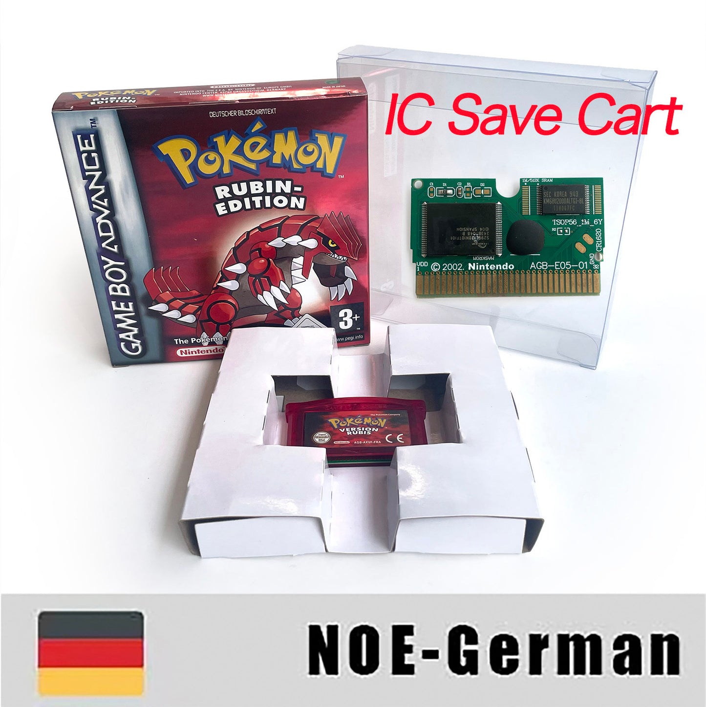 NOE German IC save rtc flash cart Real Time Clock pokemon ruby version box with tray Nintendo game cartridge for gba