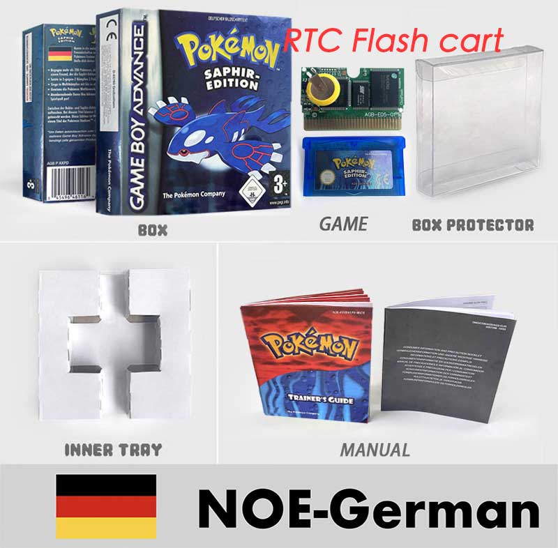 USA FRA NOE FRA RTC/1 M Flash CART pokemon sapphire ruby leafgreen emerald firered sealed box tray Game Cartridge manual for gba