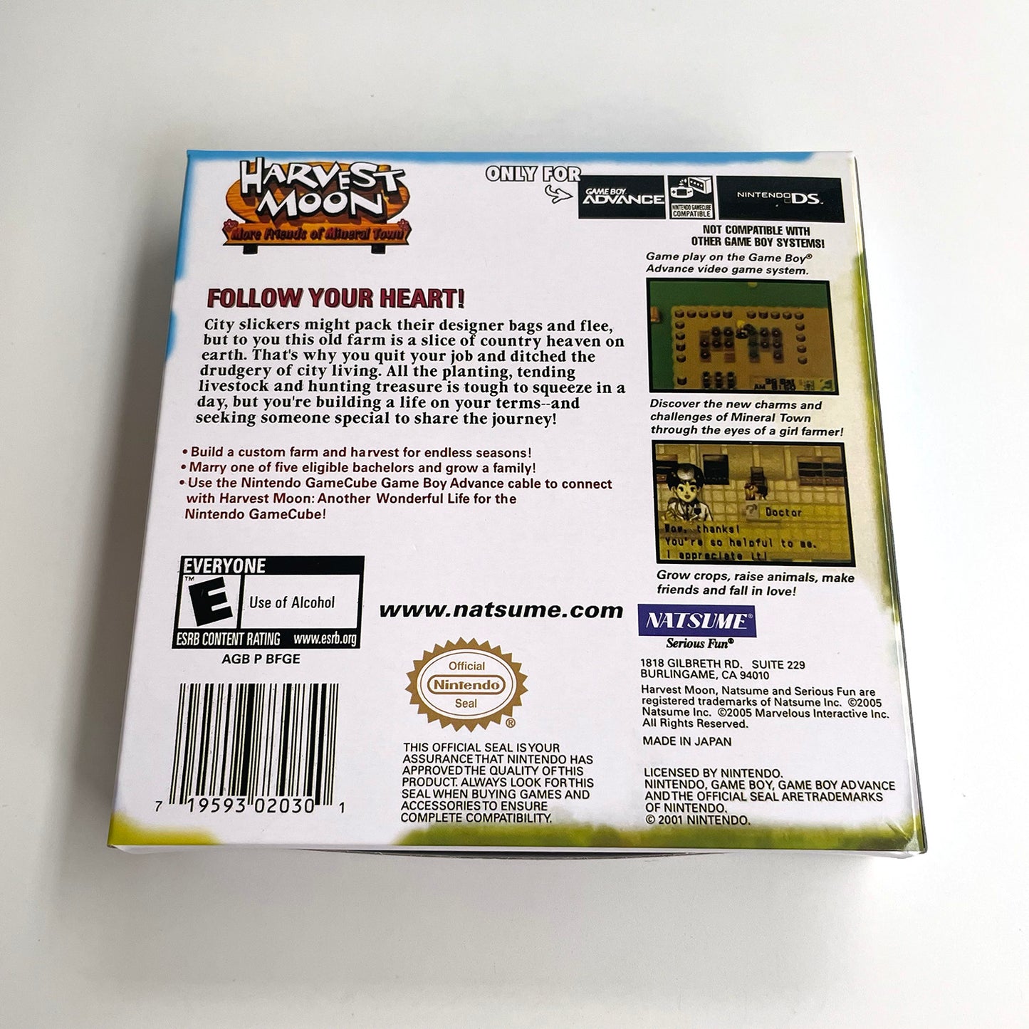 Harvest Moon More Friends of Mineral Town cartridge with tray box manual for gba game boy advance
