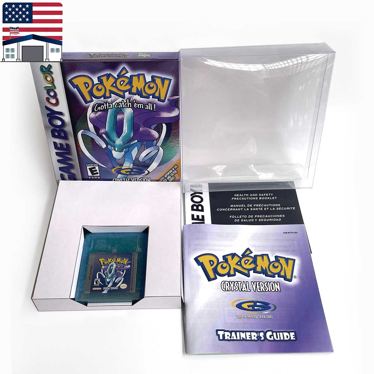 (Shipped from the United States)USA Pokemon Battery Save cart Crtstal, Red, Blue green,Yellow, Gold, Silver, box trey manual Game Cartridge for GBC