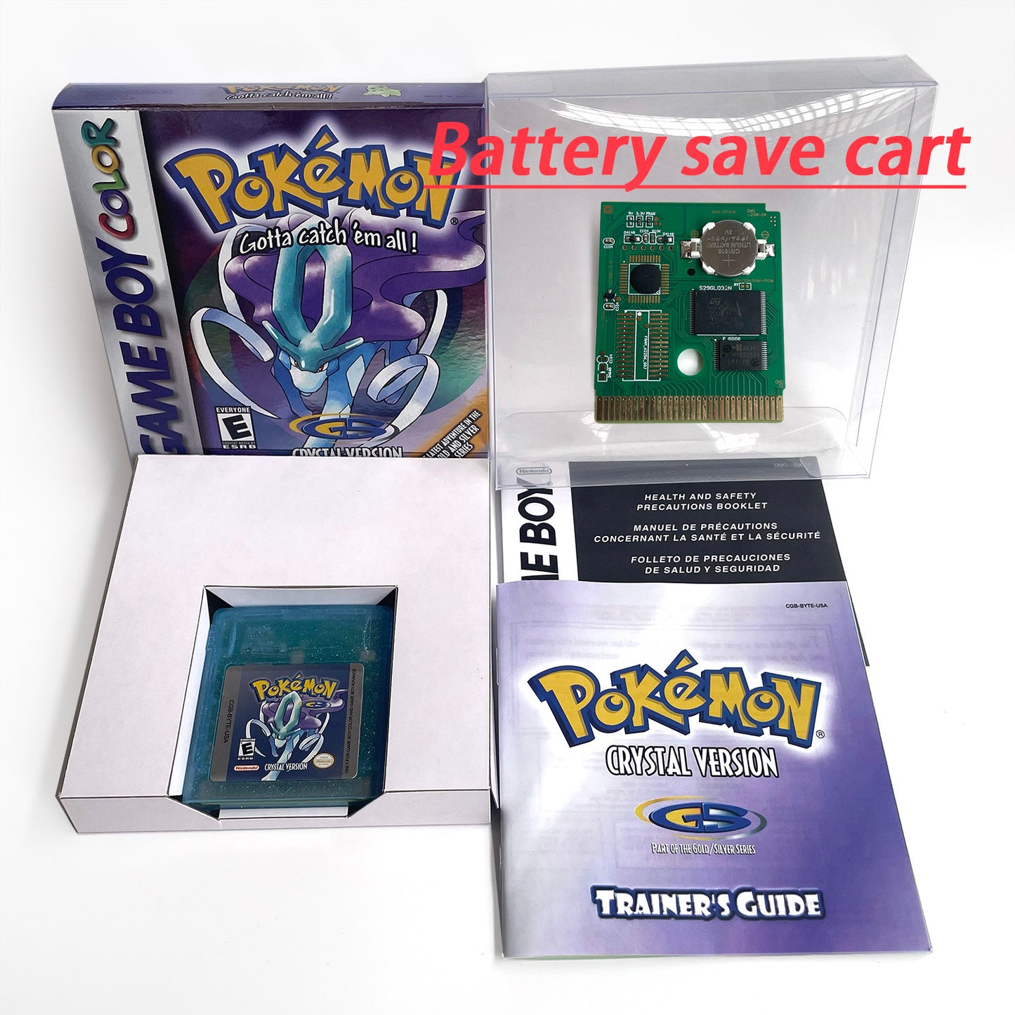 pokemon crystal version RTC Flash cart Battery save IC save Manual cartridge with tray box for gbc game boy color