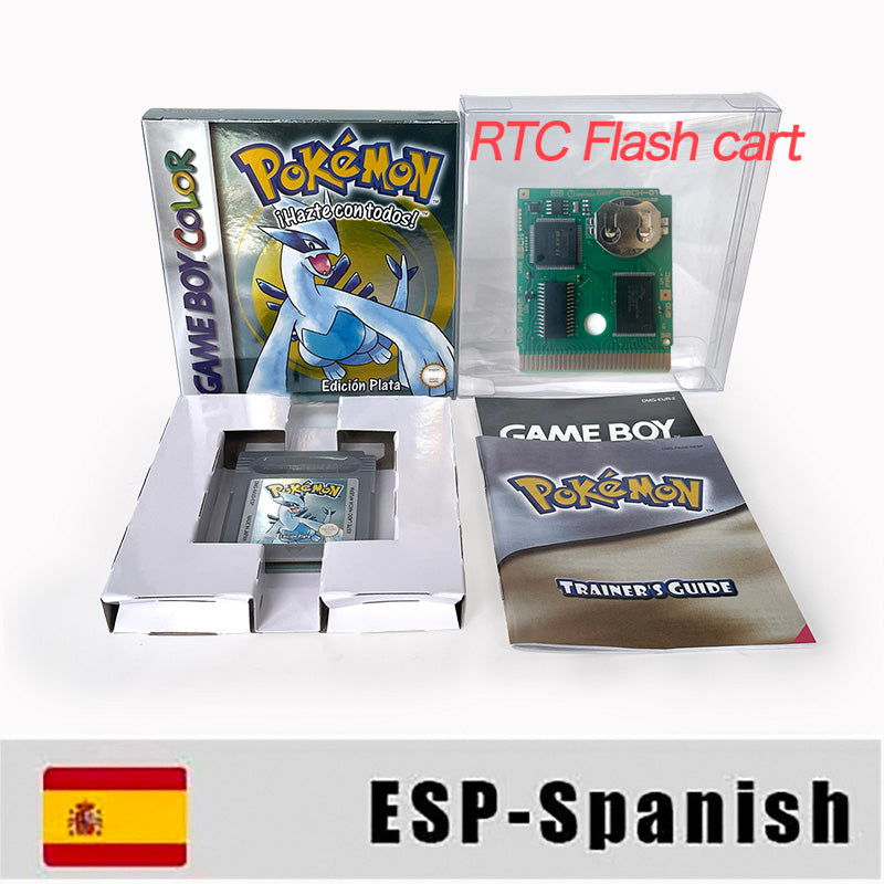GBC game ESP Spanish pokemon silver version RTC Flash cart Battery save Nintendo pokemon plata cartridge tray box game boy color