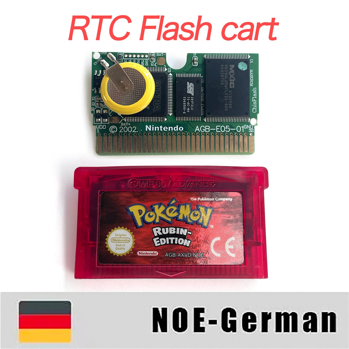 NOE German IC save rtc flash cart Real Time Clock pokemon ruby version box with tray Nintendo game cartridge for gba
