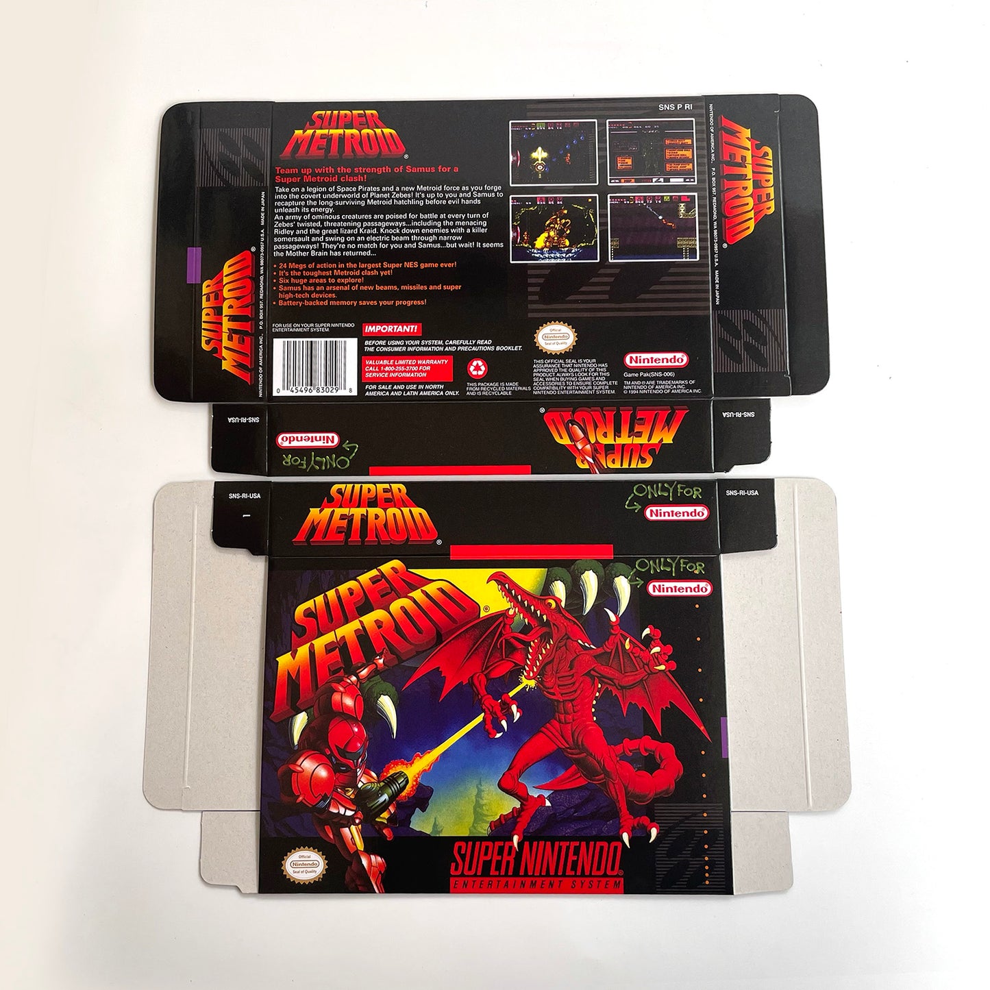 super metroid USA cartridge with tray box manual for SNES super nintendo entertainment system