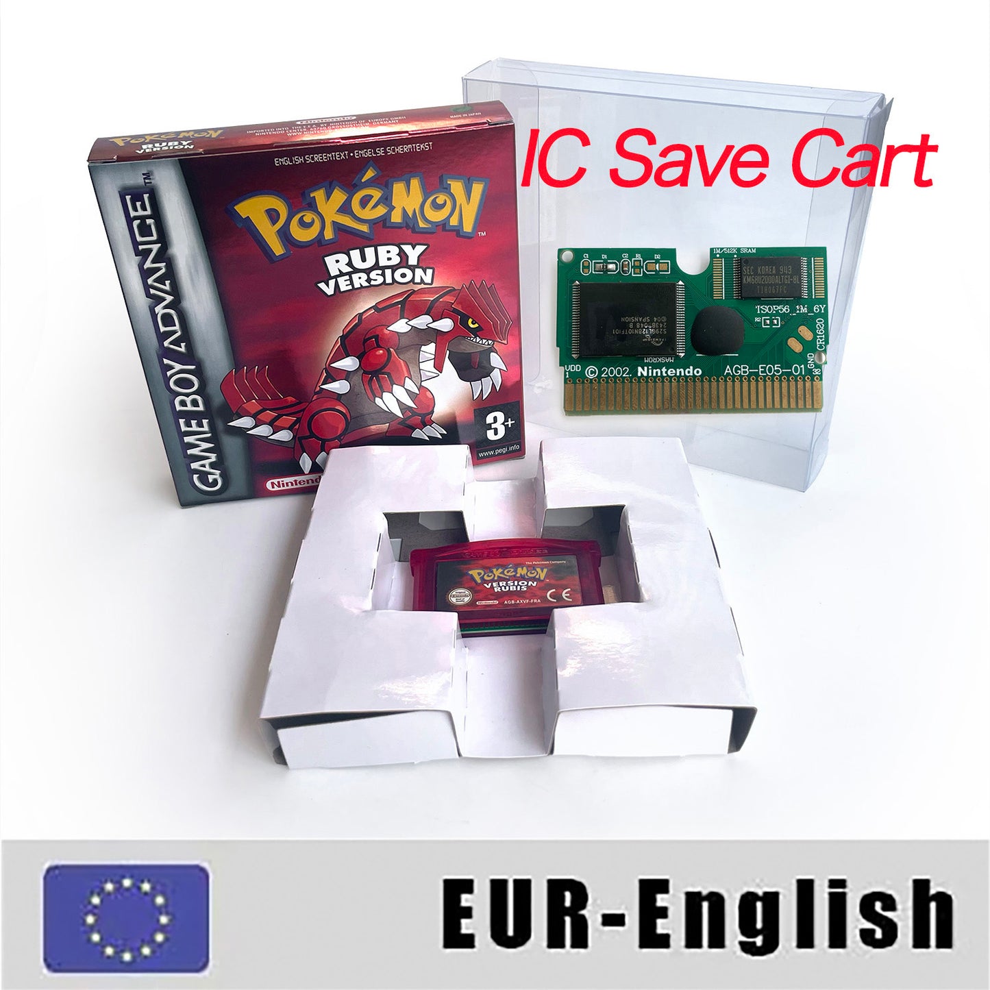 EUR English IC save rtc flash cart Real Time Clock pokemon ruby version box with tray Nintendo game cartridge for gba