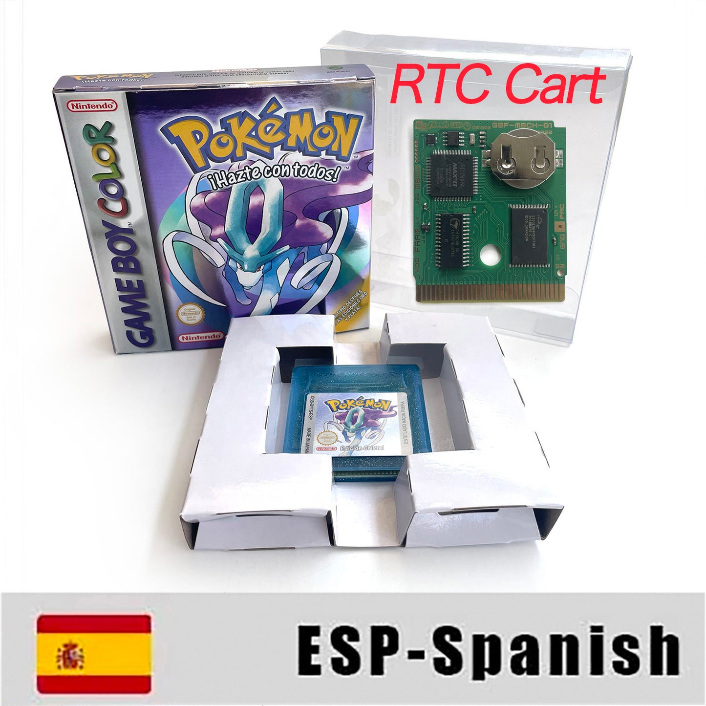 GBC game ESP Spanish pokemon crystal version RTC Flash cart Battery save Nintendo pokemon cristal cartridge tray box game boy color