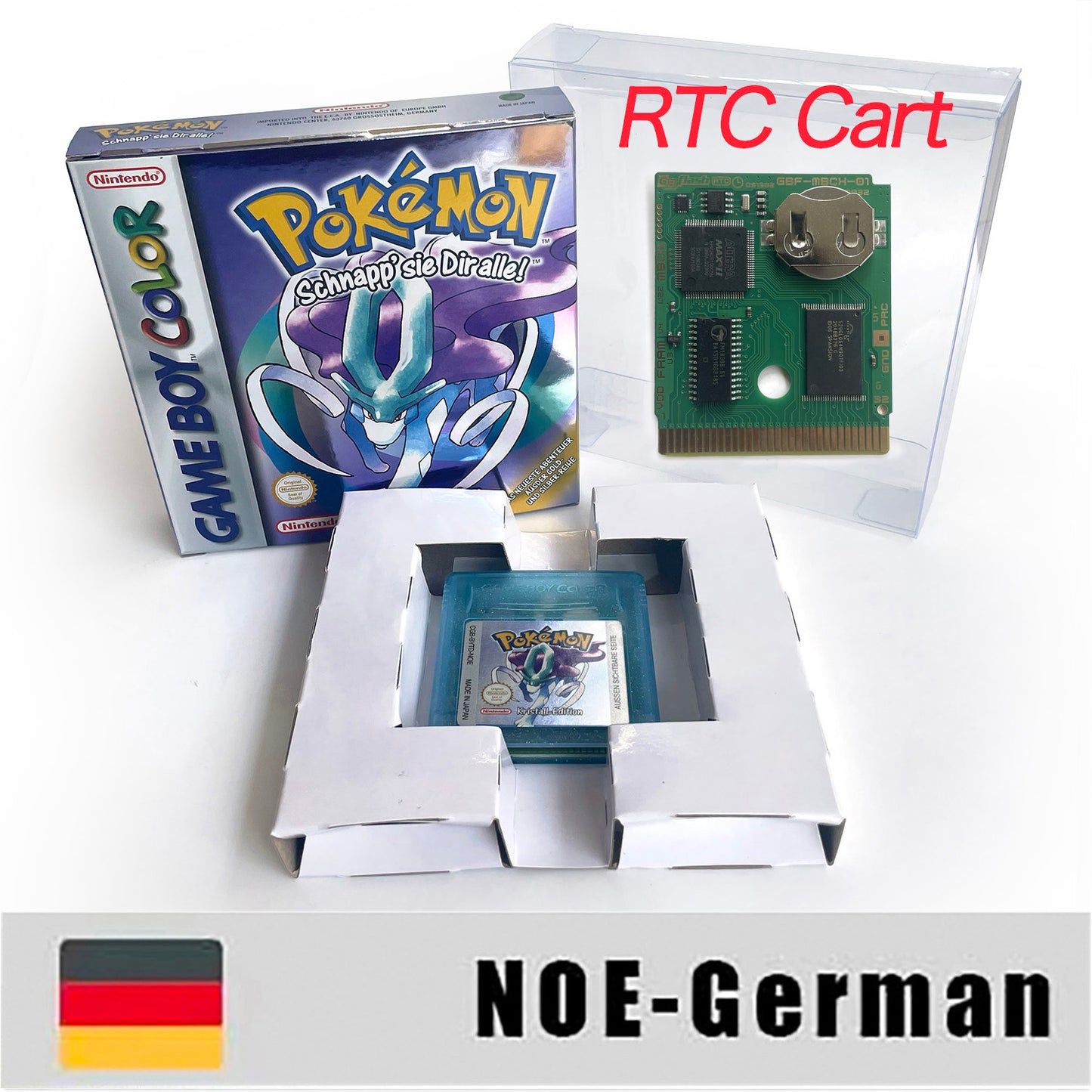GBC game NOE German pokemon crystal version RTC Flash cart Battery save Nintendo pokemon Kristall cartridge tray box game boy color