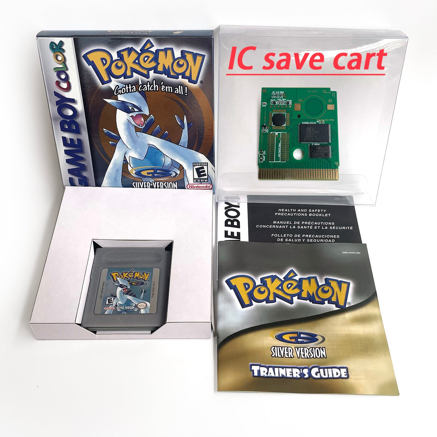 pokemon silver version RTC Flash cart Battery save IC save Manual cartridge with tray box for gbc game boy color