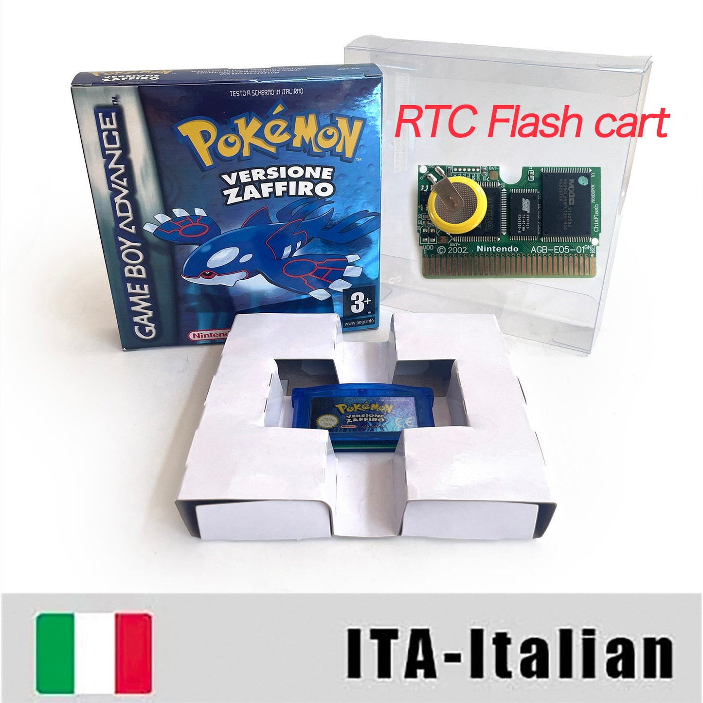 ITA Italian IC save rtc flash cart Real Time Clock pokemon zaffiro version box with tray Nintendo game cartridge for gba game boy advance