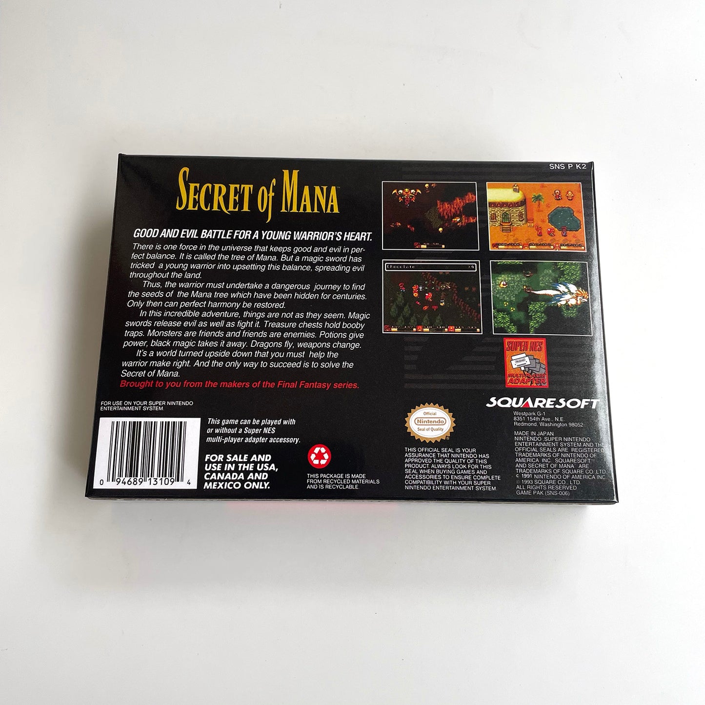 Secret of Mana cartridge with tray box manual for SNES super nintendo entertainment system