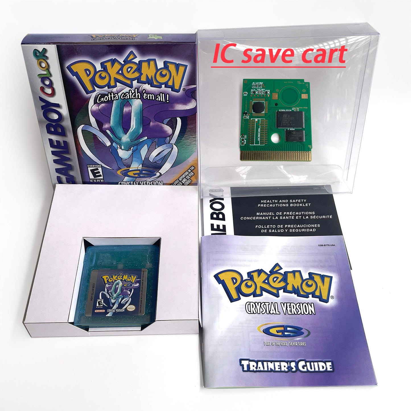 pokemon crystal version RTC Flash cart Battery save IC save Manual cartridge with tray box for gbc game boy color