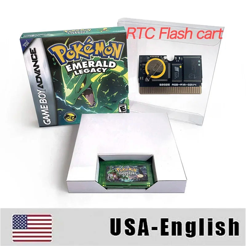 USA English RTC Flash cart pokemon Emerald Legacy v1.1.4 Real Time Clock Flash cart Box with Tray Game Cartridge for GBA
