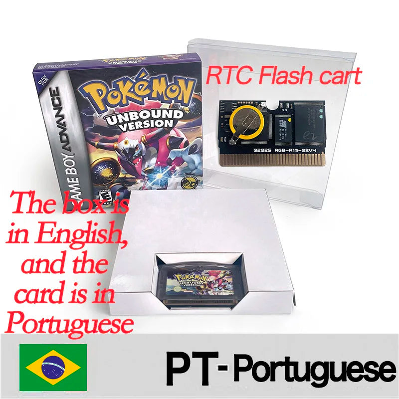GBA Game USA ESP RTC Flash cart pokemon GLAZED Emerald Legacy firered rocket Unbound Cartridge BOX Card Rom Hack English Spanish