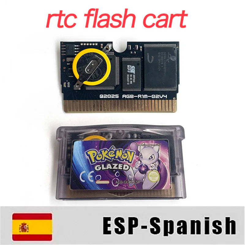 Pokemon glazed USA ESP PT Version GBA Game RTC Flash cart Cartridge Video Game Card Rom Hack Spanish Portuguese English