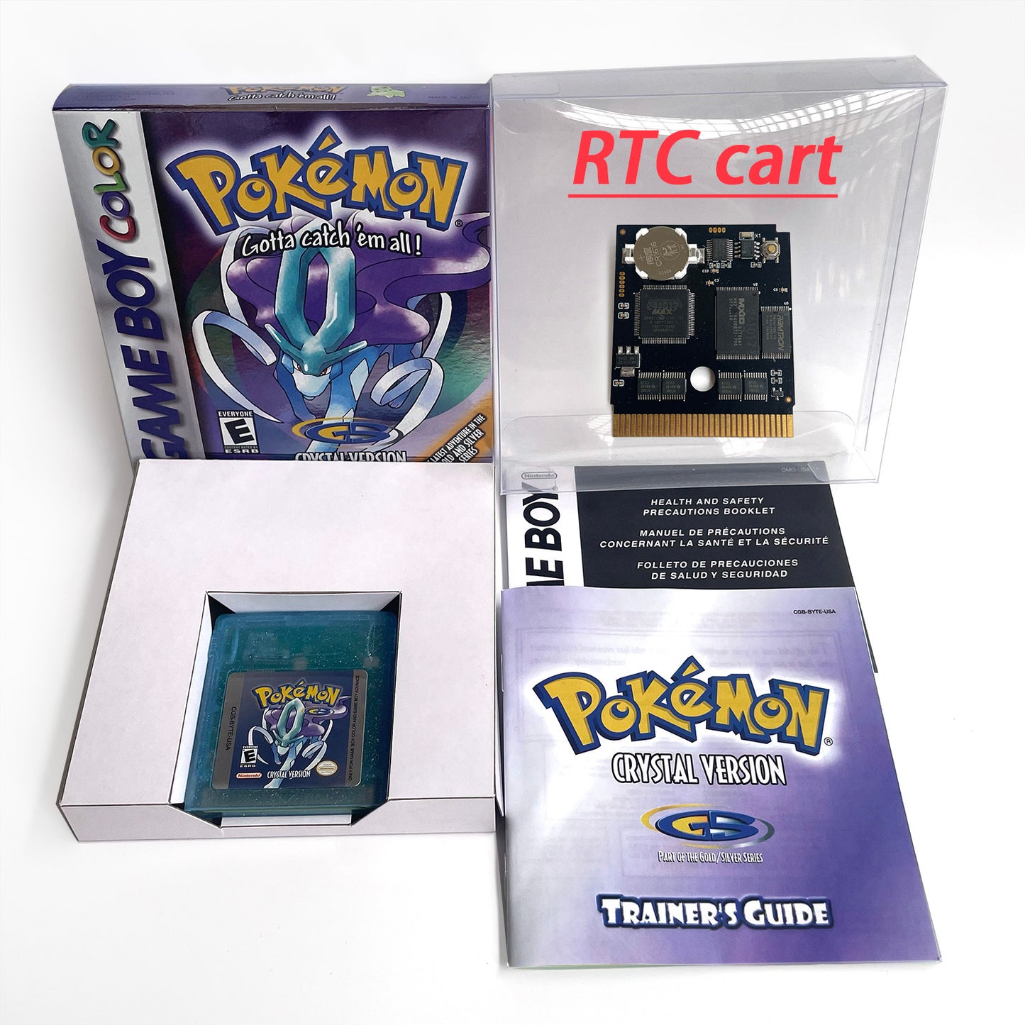 pokemon crystal version RTC Flash cart Battery save IC save Manual cartridge with tray box for gbc game boy color