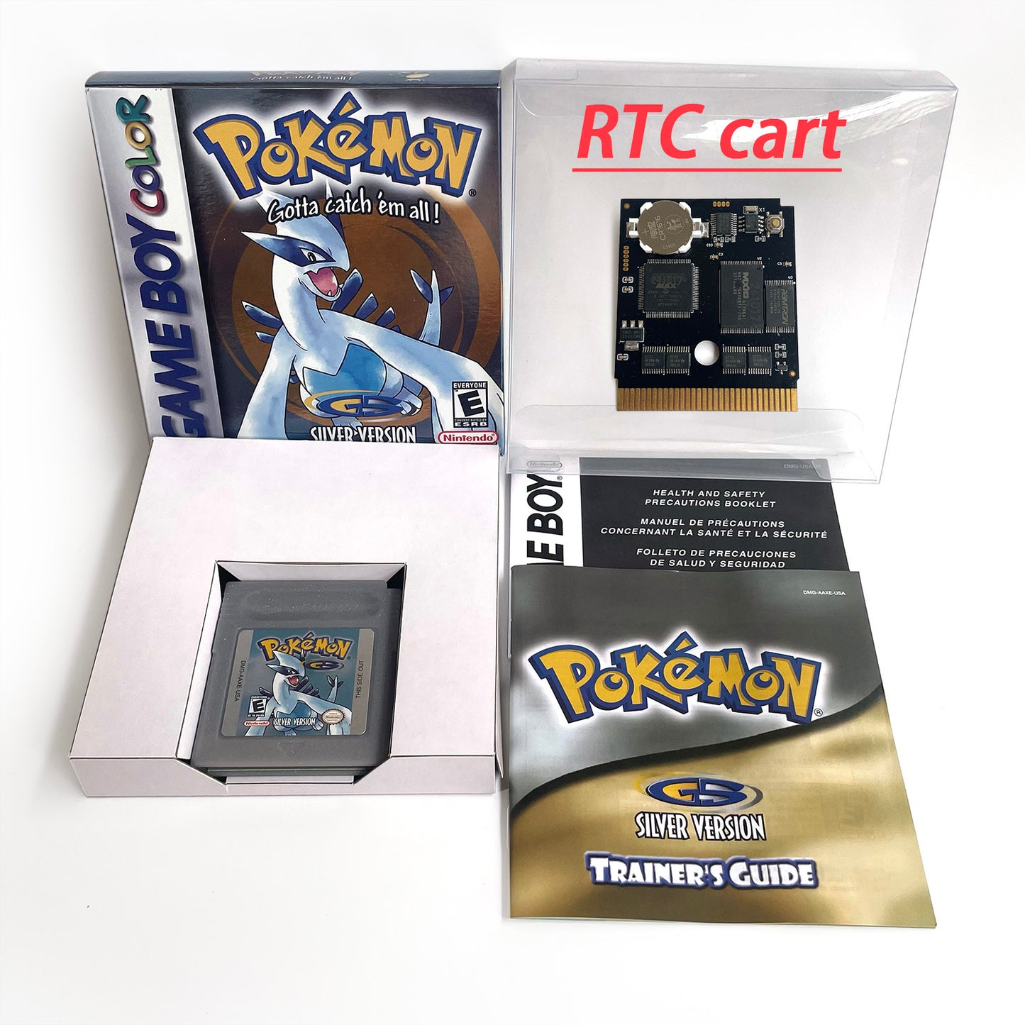 pokemon silver version RTC Flash cart Battery save IC save Manual cartridge with tray box for gbc game boy color