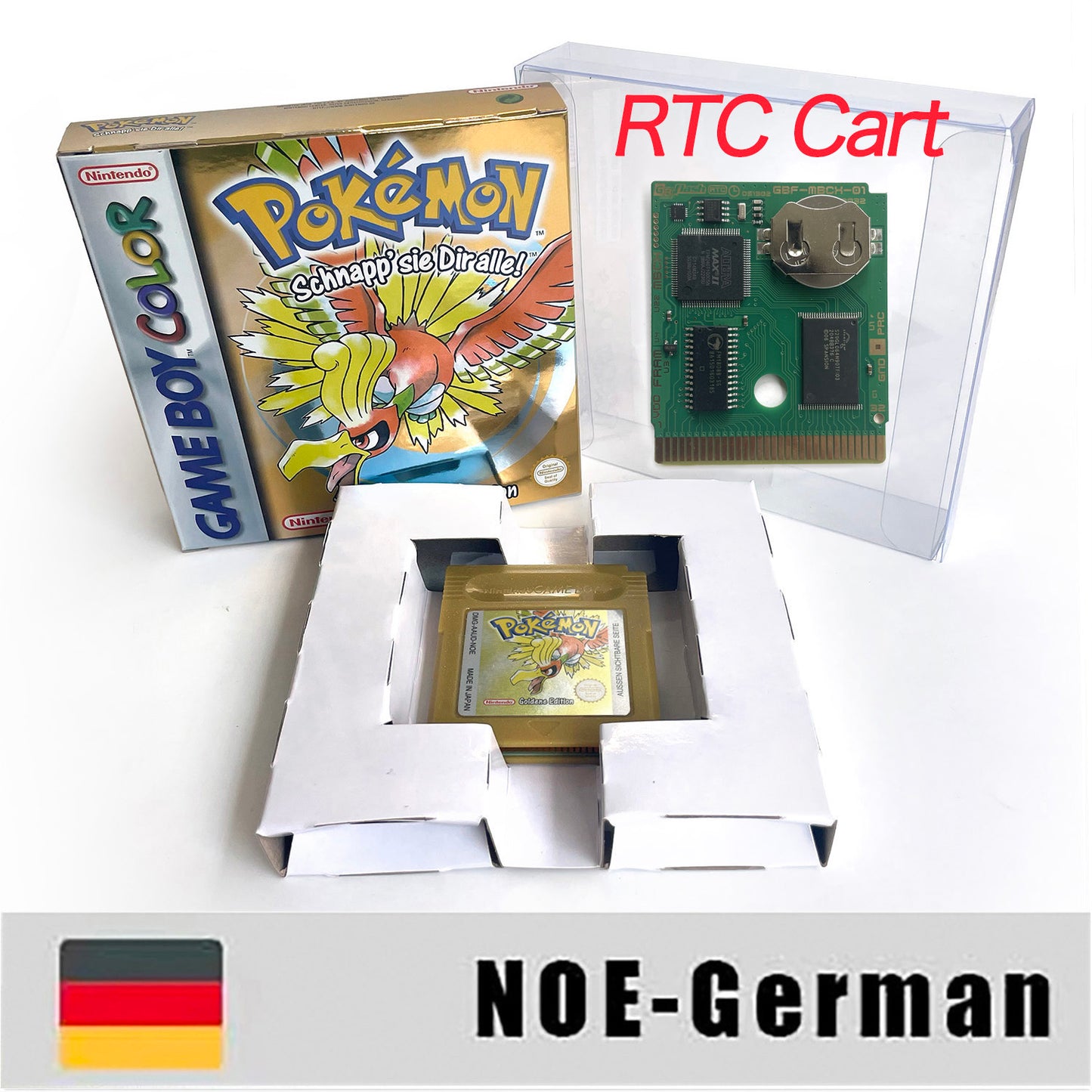 gbc game NOE German pokemon gold version RTC Flash cart Nintendo Battery save cartridge with tray box game boy color