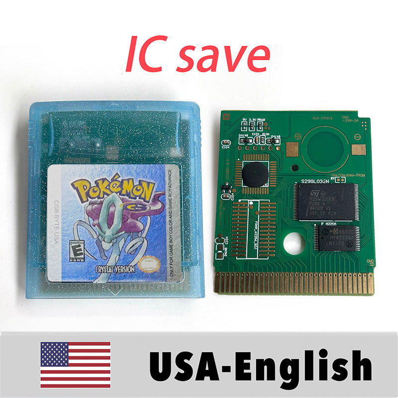 (Shipped from the United States) USA IC Save cart Pokemon Crtstal, Red, Blue green,Yellow, Gold, Silver, Game Cartridge for GBC