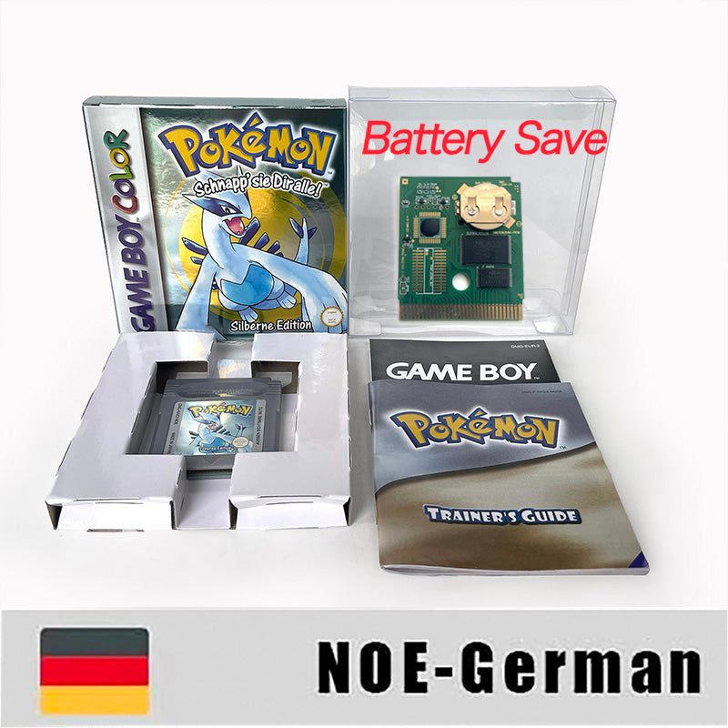 GBC game NOE German pokemon silver version RTC Flash cart Battery save Nintendo pokemon Silber cartridge tray box game boy color