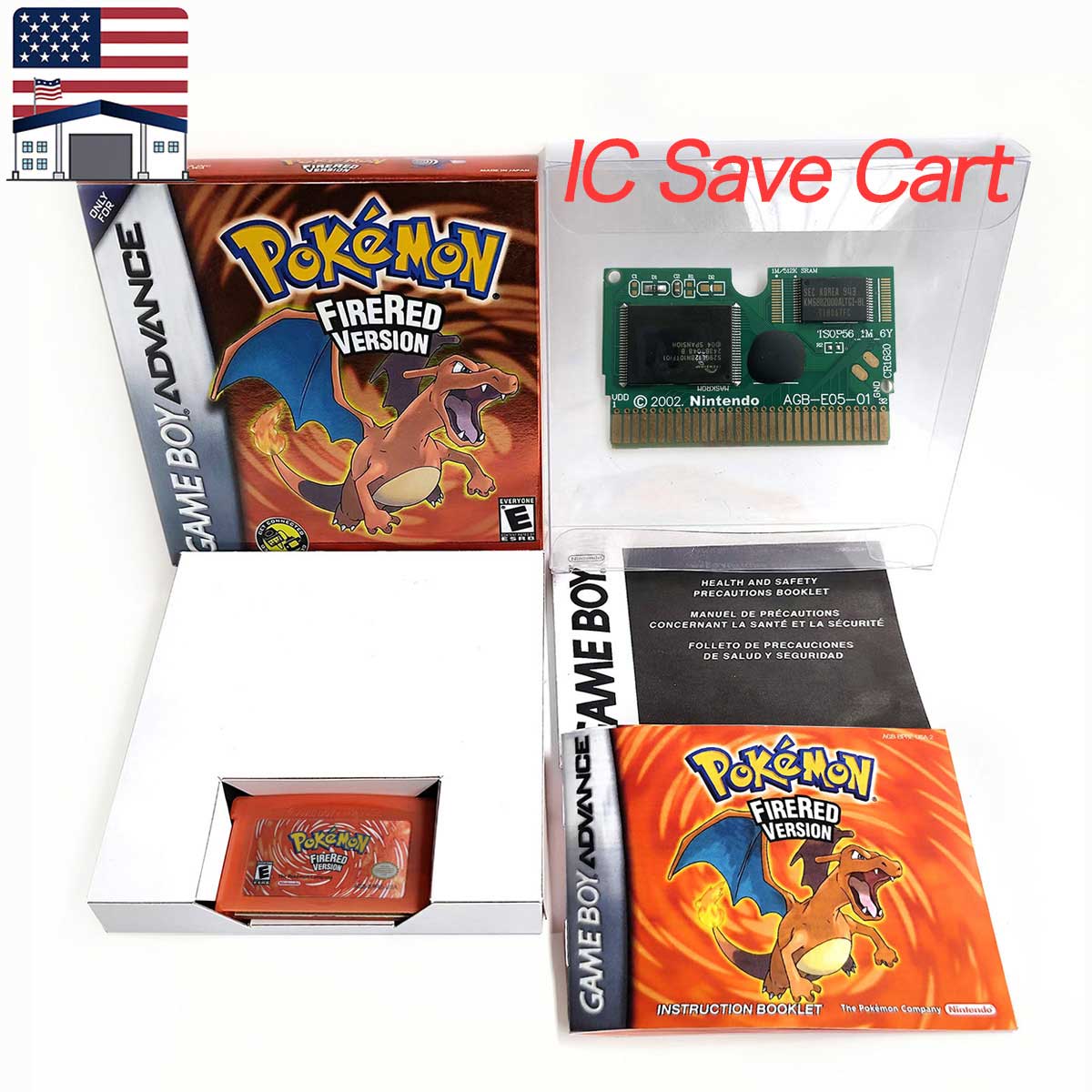 (Shipped from the United States) USA English IC Save Pokemon Emerald Sapphire Leafgreen Ruby Firered Metallic FoilFinish Box Trey Manual Game Cartridge for GBA