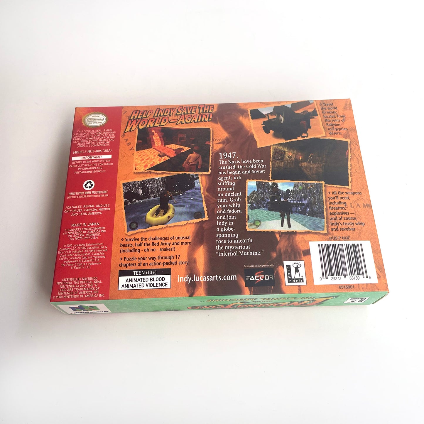 Indiana Jones and the Infernal Machine game cartridge with tray box for N64 Nintendo 64
