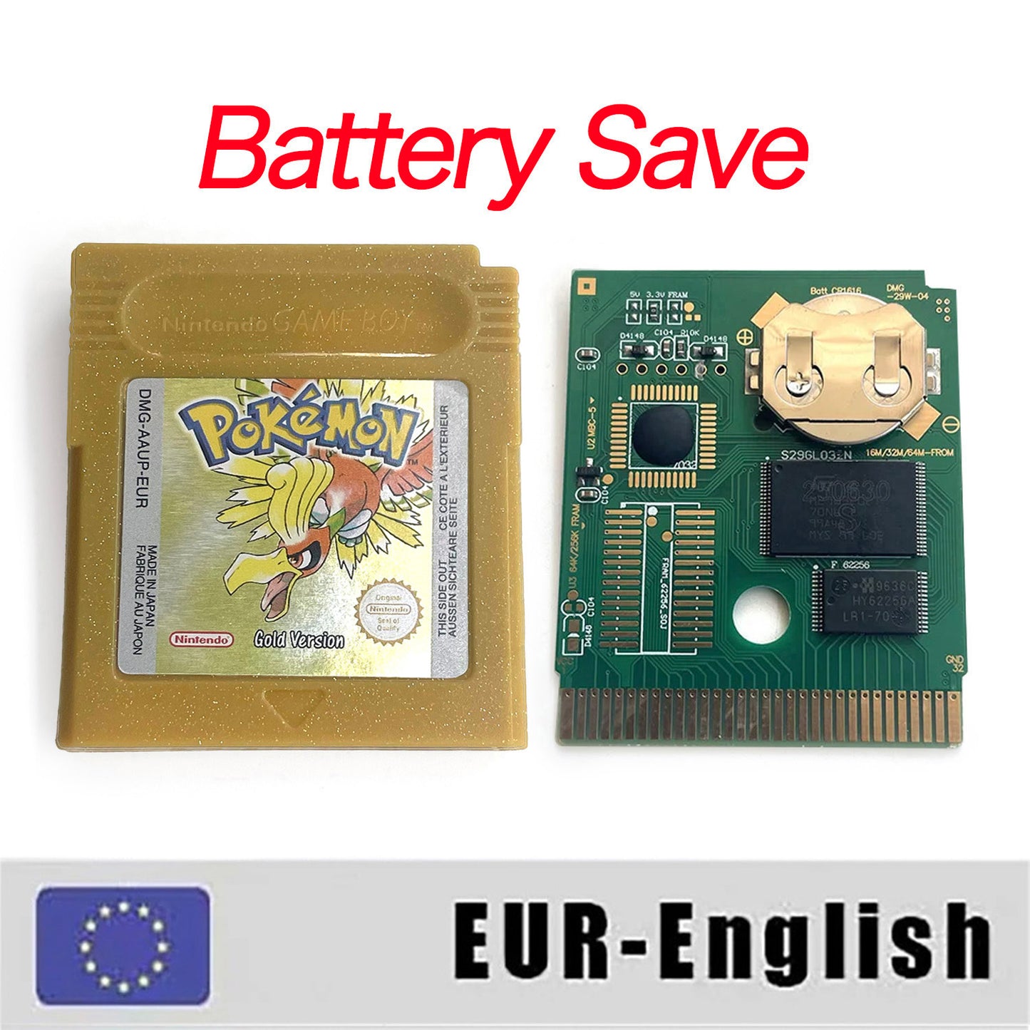GBC game EUR English pokemon gold version RTC Flash cart Nintendo Battery save cartridge with tray box game boy color