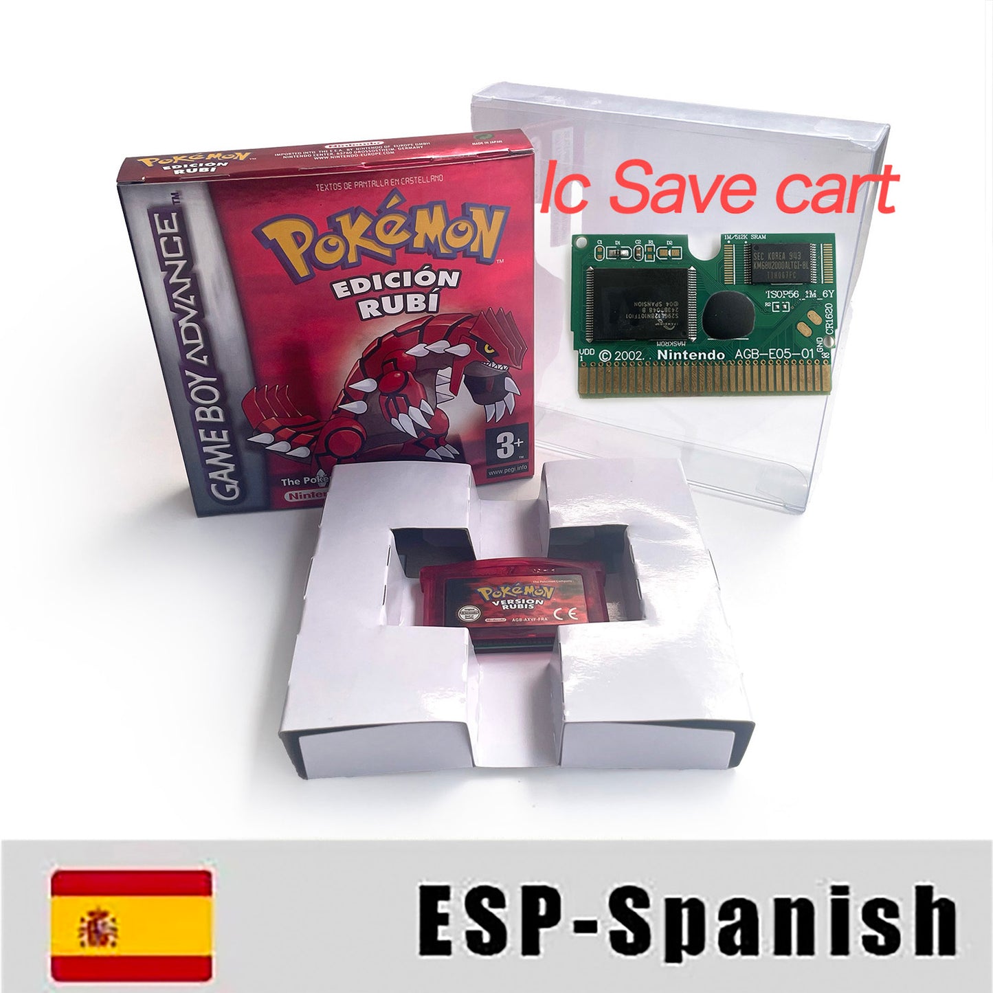 ESP Spanish IC save rtc flash cart Real Time Clock pokemon ruby version box with tray Nintendo game cartridge for gba