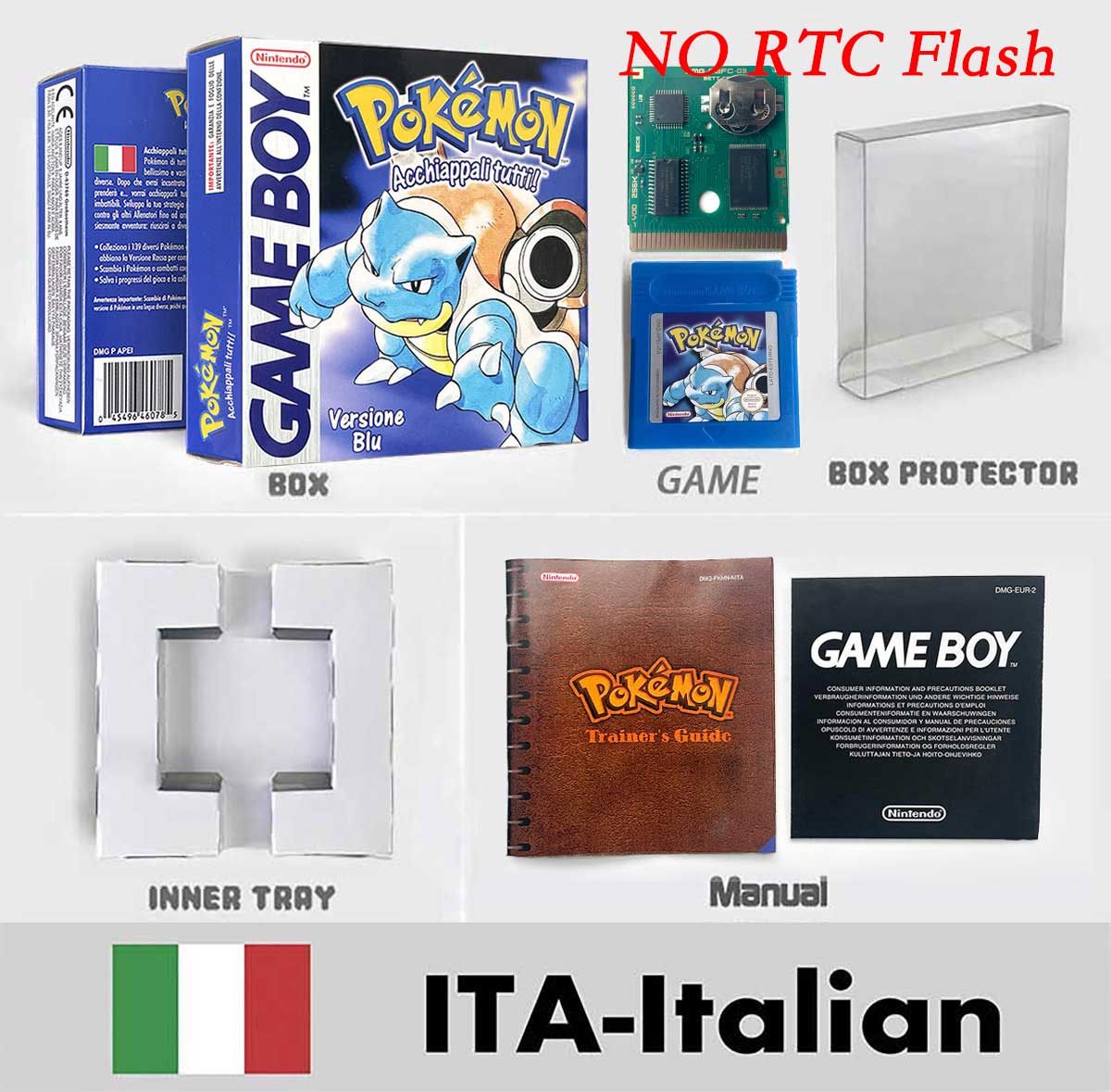 USA ITA NOE FRA ESP pokemon RTC Gold silver crystal NO RTC yellow red blue sealed 16 bit box tray manual Game Cartridge for GBC