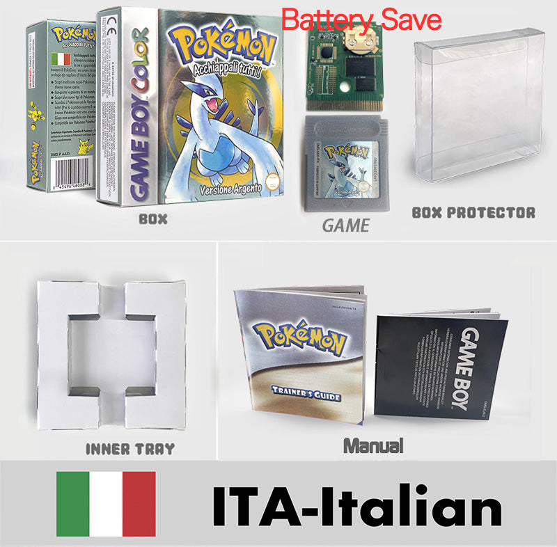 USA ITA NOE FRA ESP version battery save cart sealed pokemon crystal gold silver yellow red blue 16 bit box tray manual Game Cartridge for GBC