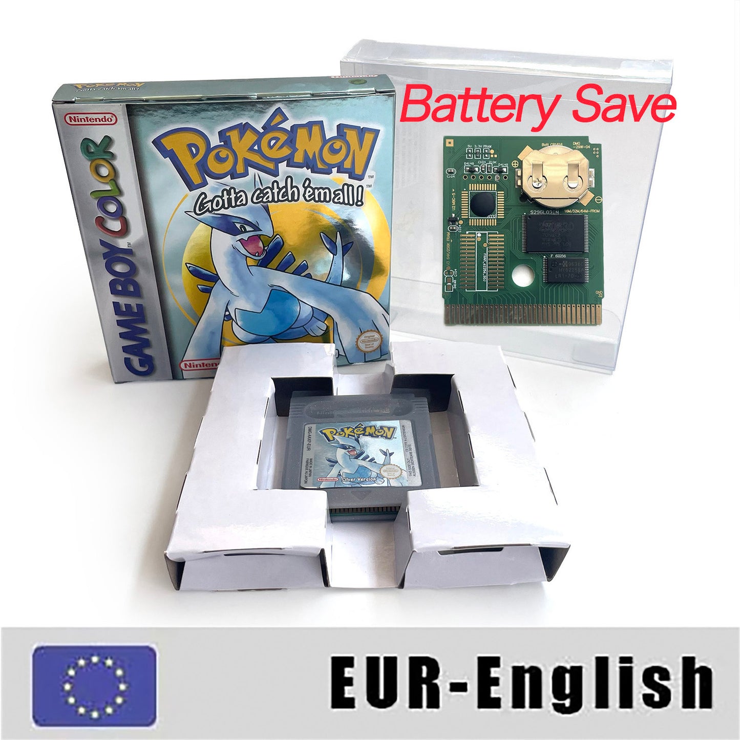 GBC game EUR english pokemon silver version RTC Flash cart Battery save Nintendo cartridge tray box game boy color
