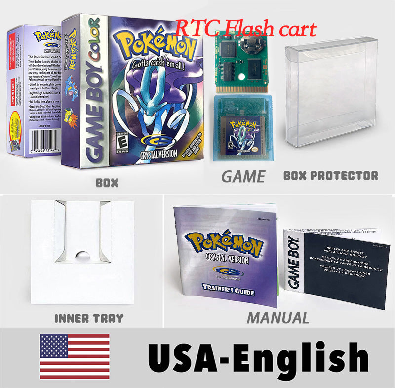 USA Pokemon Crystal English Version Battery Save RTC Flash Cart IC Save Manual Cartridge with Tray Box for Gbc Game Boy Color