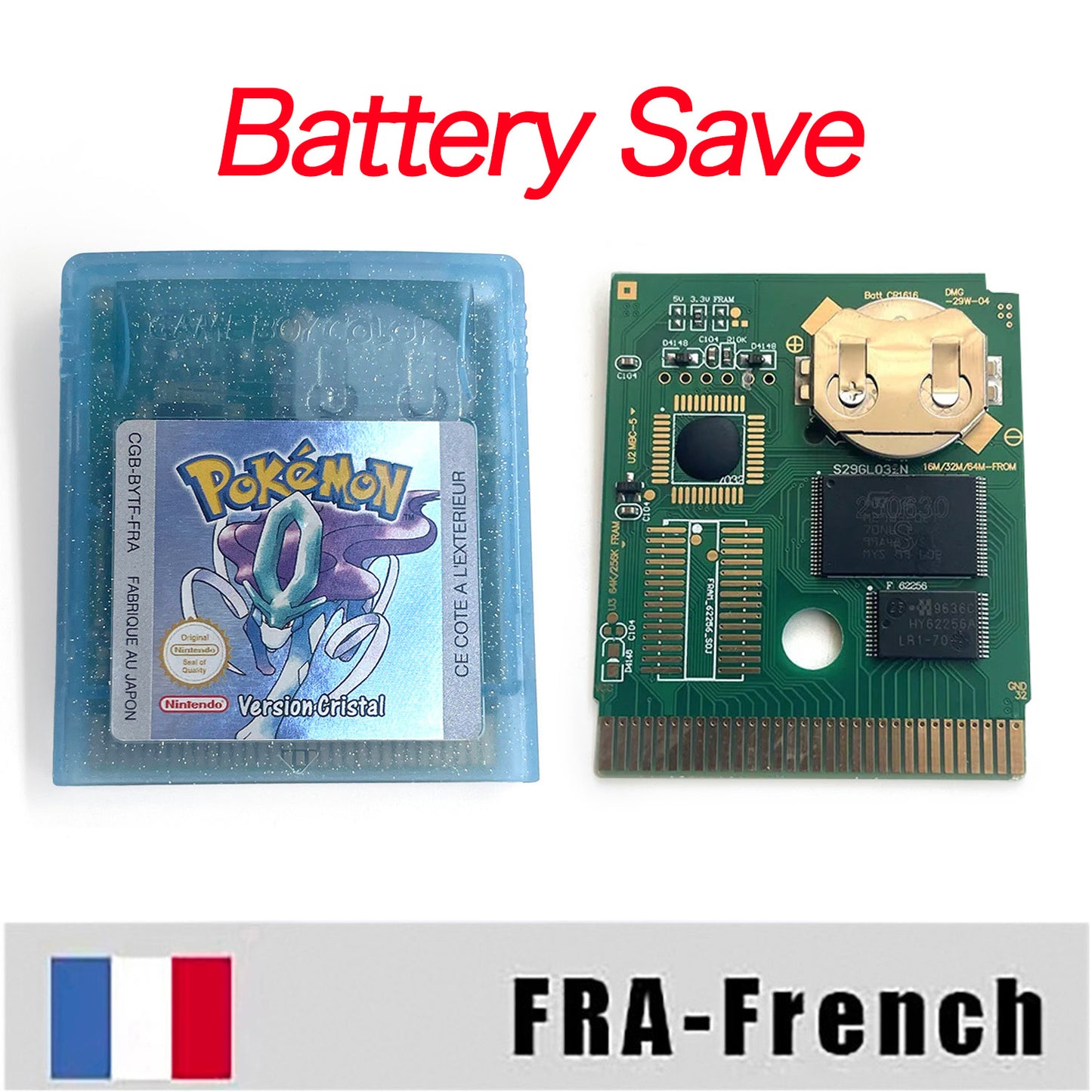GBC game FRA French pokemon crystal version RTC Flash cart Battery save Nintendo pokemon cristal cartridge tray box game boy color