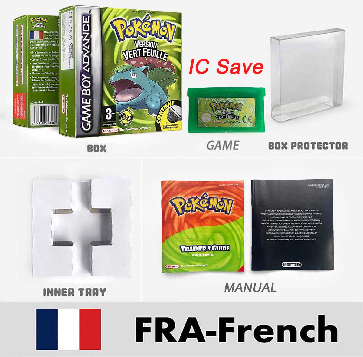 USA FRA NOE FRA IC SAVE Pokemon Emerald Ruby Firered Sapphire LeafGreen Sealed Box Tray Game Cartridge Manual for Gba