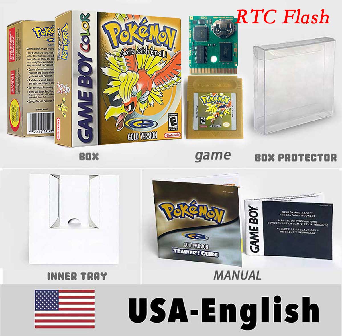 USA ITA NOE FRA ESP pokemon RTC Gold silver crystal NO RTC yellow red blue sealed 16 bit box tray manual Game Cartridge for GBC