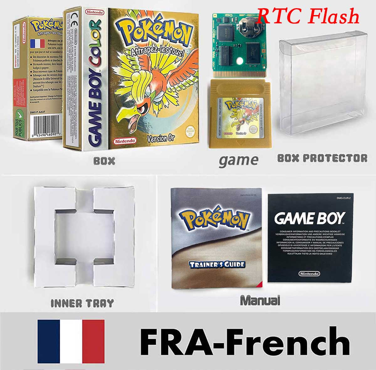 USA ITA NOE FRA ESP pokemon RTC Gold silver crystal NO RTC yellow red blue sealed 16 bit box tray manual Game Cartridge for GBC