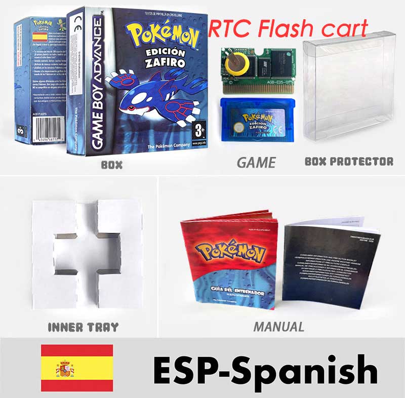 USA FRA NOE FRA RTC/1 M Flash CART pokemon sapphire ruby leafgreen emerald firered sealed box tray Game Cartridge manual for gba