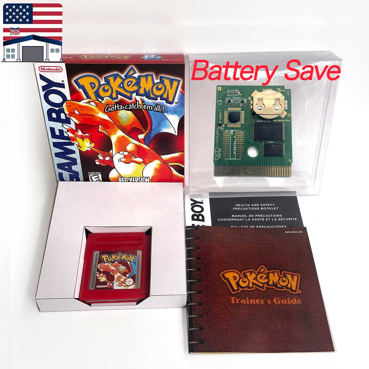 （Shipped from the United States)USA Pokemon Battery Save cart Crtstal, Red, Blue green,Yellow, Gold, Silver,  box trey manual Game Cartridge for GBC
