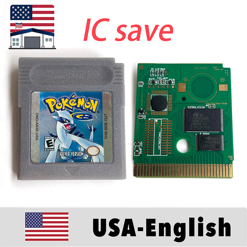 （Shipped from the United States) USA IC Save cart Pokemon Crtstal, Red, Blue green,Yellow, Gold, Silver, Game Cartridge for GBC