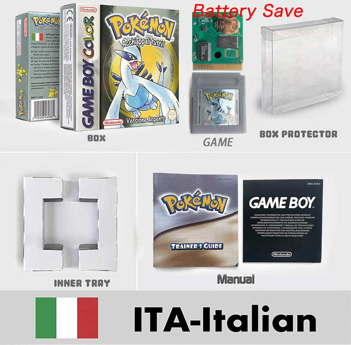 USA ITA NOE FRA ESP version battery save cart sealed pokemon crystal gold silver yellow red blue 16 bit box tray manual Game Cartridge for GBC
