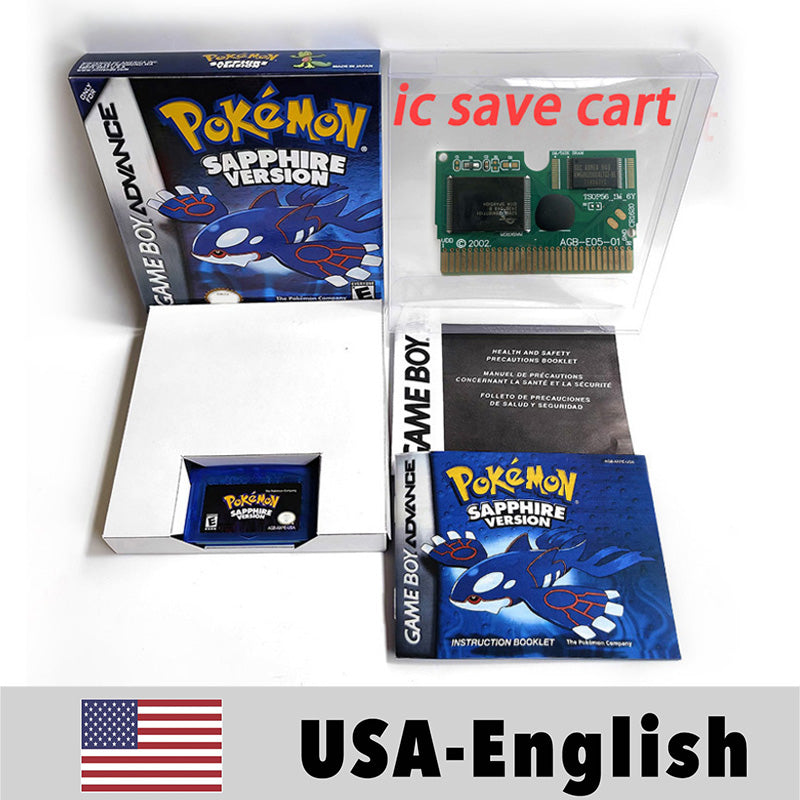 （Shipped from the United States) USA English IC Save Pokemon Emerald Sapphire Leafgreen Ruby Firered Metallic FoilFinish Box Trey Manual Game Cartridge for GBA