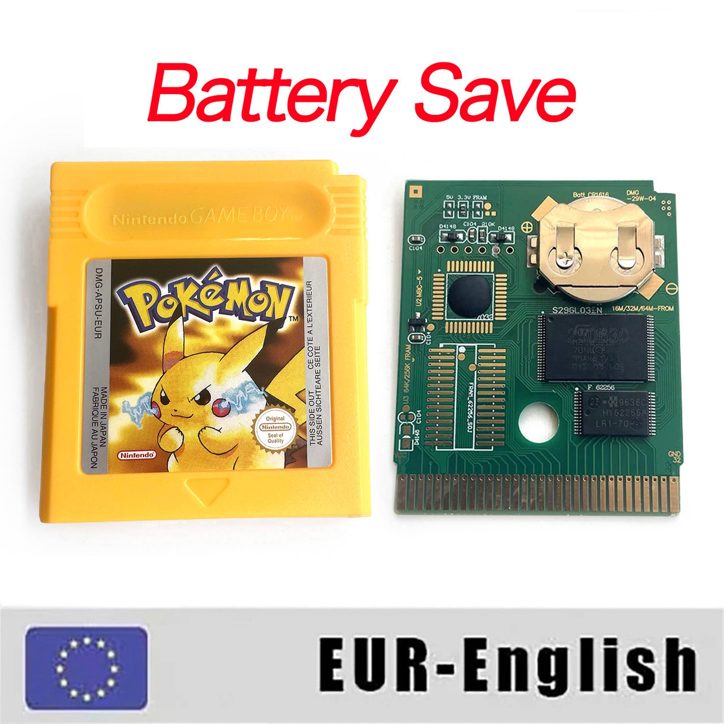GBC game EUR english pokemon yellow version Nintendo Battery save NO RTC flash pokemon giallo cartridge tray box gbc game boy color